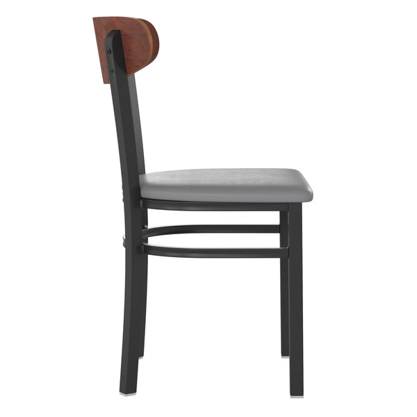 Walnut Wood Back/Gray Vinyl Seat |#| Commercial Metal Dining Chair - Vinyl Seat - Wood Boomerang Back-Gray/Walnut