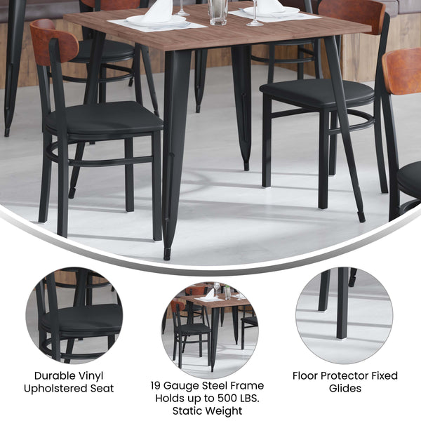 Walnut Wood Back/Black Vinyl Seat |#| Commercial Metal Dining Chair - Vinyl Seat - Wood Boomerang Back-Black/Walnut