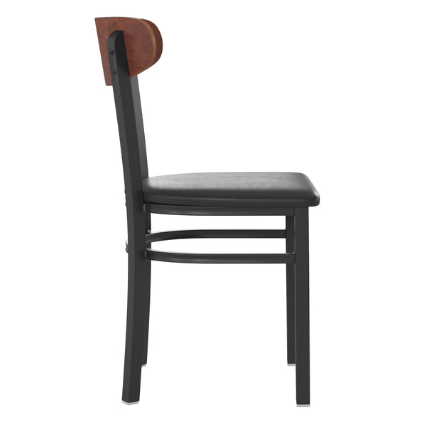 Walnut Wood Back/Black Vinyl Seat |#| Commercial Metal Dining Chair - Vinyl Seat - Wood Boomerang Back-Black/Walnut