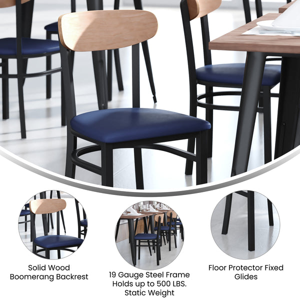 Natural Birch Wood Back/Blue Vinyl Seat |#| Commercial Metal Dining Chair - Vinyl Seat and Wood Boomerang Back-Blue/Natural