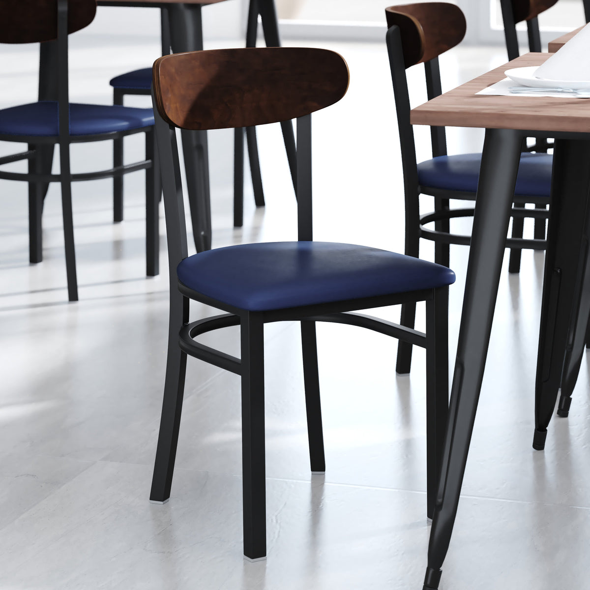 Walnut Wood Back/Blue Vinyl Seat |#| Commercial Metal Dining Chair - Vinyl Seat and Wood Boomerang Back-Blue/Walnut