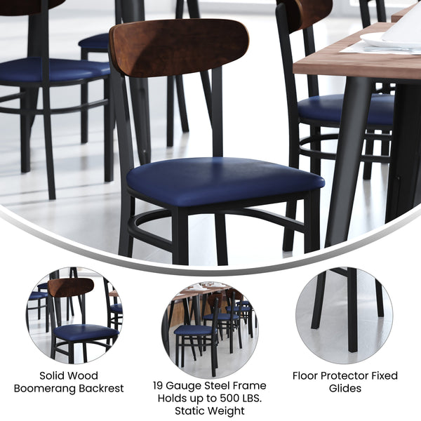 Walnut Wood Back/Blue Vinyl Seat |#| Commercial Metal Dining Chair - Vinyl Seat and Wood Boomerang Back-Blue/Walnut