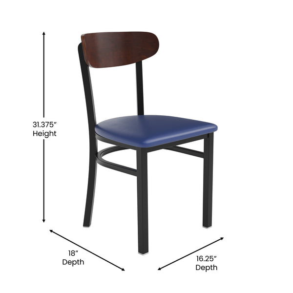 Walnut Wood Back/Blue Vinyl Seat |#| Commercial Metal Dining Chair - Vinyl Seat and Wood Boomerang Back-Blue/Walnut