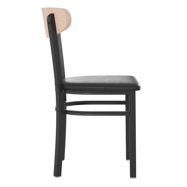 Natural Birch Wood Back/Black Vinyl Seat |#| Commercial Metal Dining Chair with Vinyl Seat-Wood Boomerang Back-Black/Natural