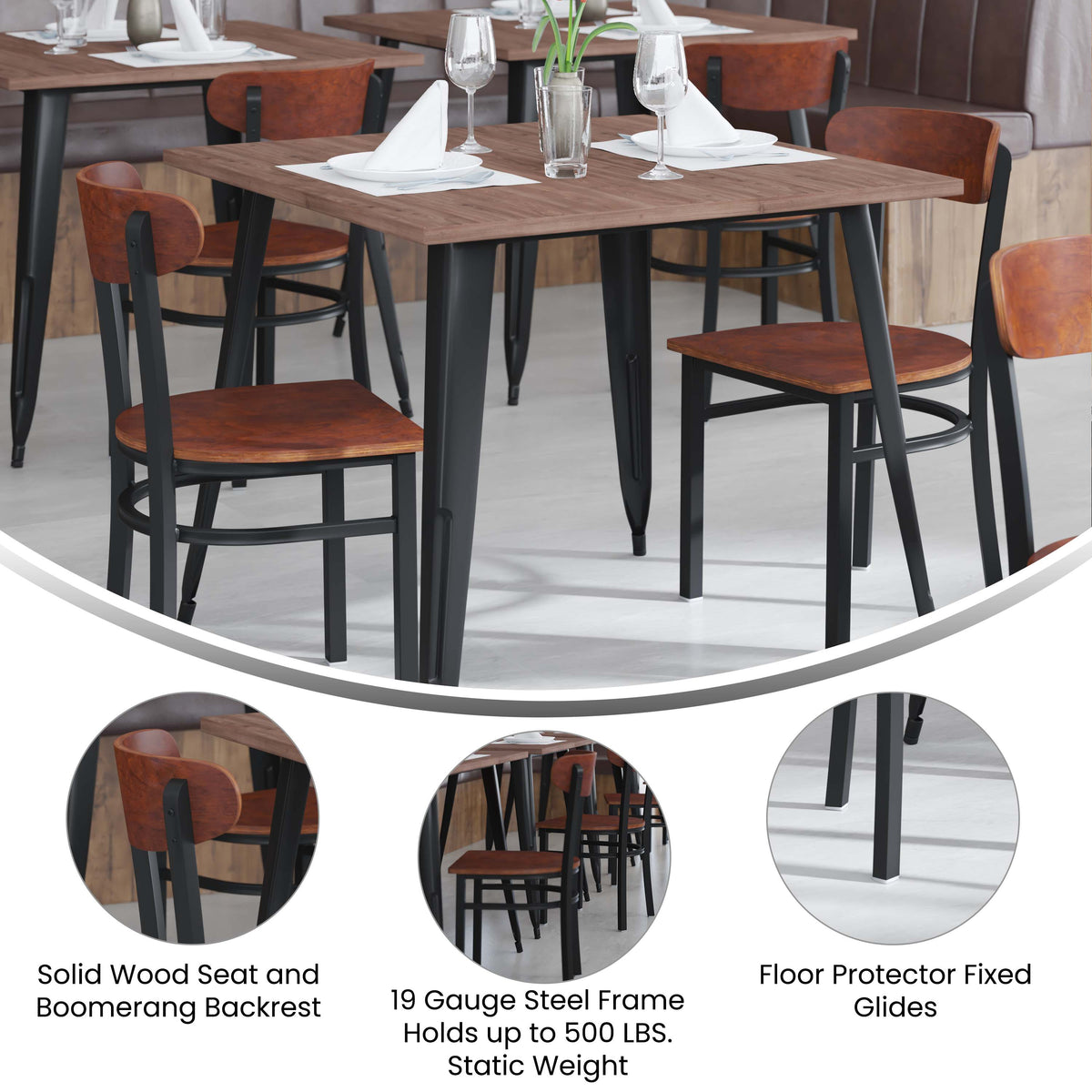 Walnut |#| Commercial Metal Dining Chair with Wood Seat and Boomerang Back - Walnut