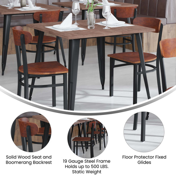 Walnut |#| Commercial Metal Dining Chair with Wood Seat and Boomerang Back - Walnut