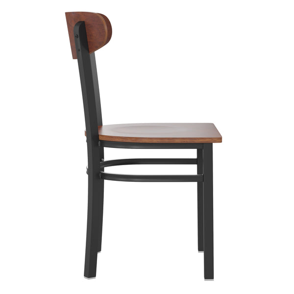 Walnut |#| Commercial Metal Dining Chair with Wood Seat and Boomerang Back - Walnut