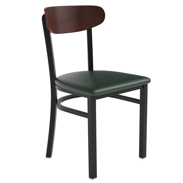 Walnut Wood Back/Green Vinyl Seat |#| Commercial Metal Dining Chair with Vinyl Seat - Wood Boomerang Back-Green/Walnut