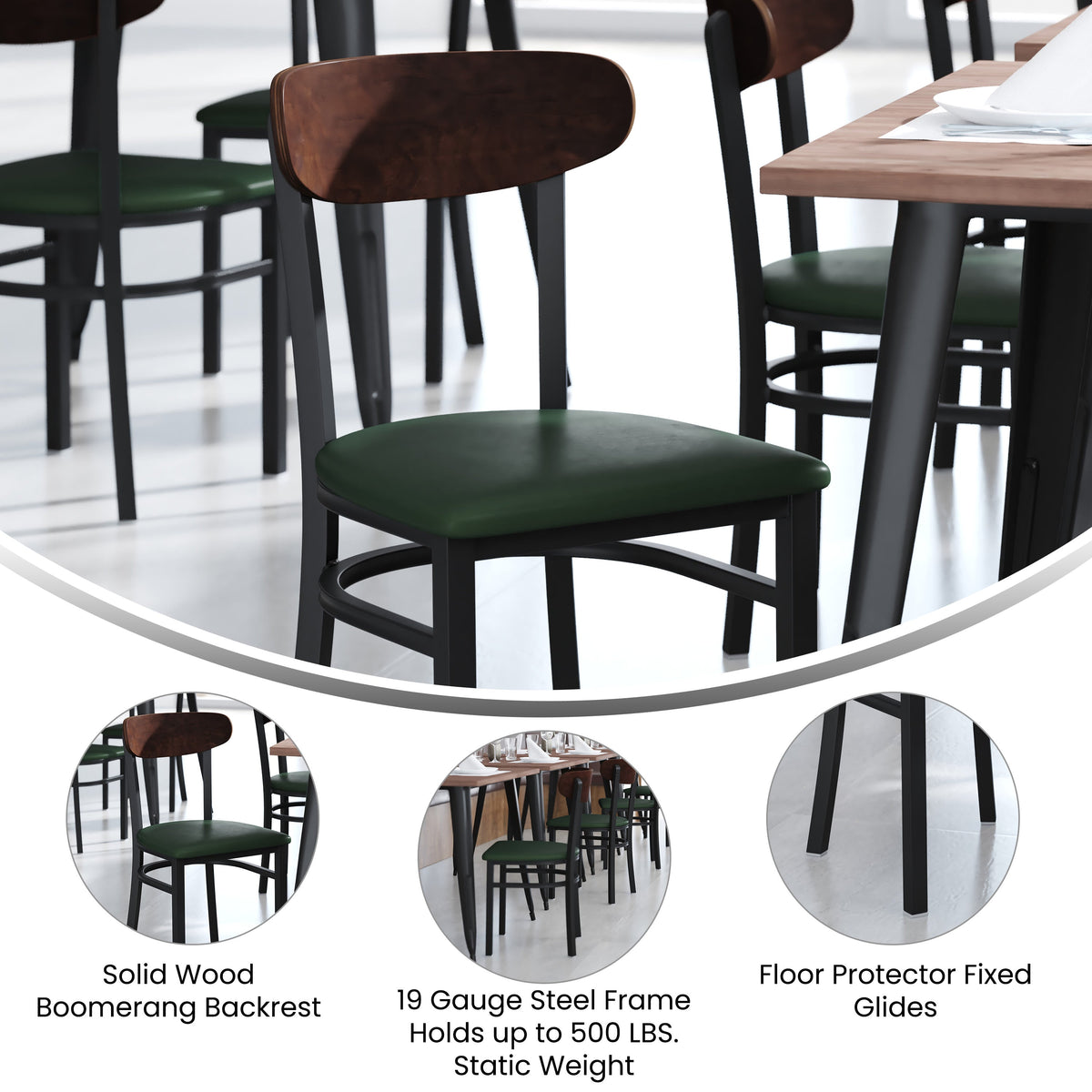 Walnut Wood Back/Green Vinyl Seat |#| Commercial Metal Dining Chair with Vinyl Seat - Wood Boomerang Back-Green/Walnut