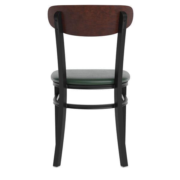 Walnut Wood Back/Green Vinyl Seat |#| Commercial Metal Dining Chair with Vinyl Seat - Wood Boomerang Back-Green/Walnut