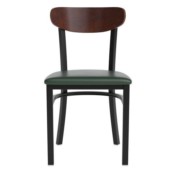 Walnut Wood Back/Green Vinyl Seat |#| Commercial Metal Dining Chair with Vinyl Seat - Wood Boomerang Back-Green/Walnut