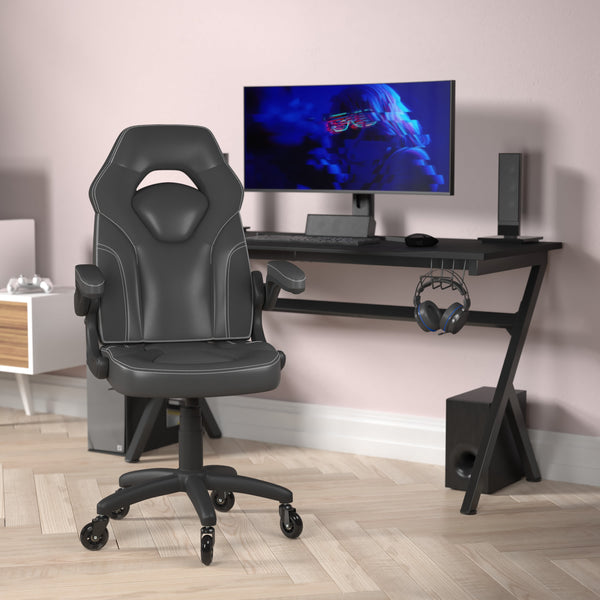 Black |#| Office Gaming Chair with Skater Wheels & Flip Up Arms - Black LeatherSoft