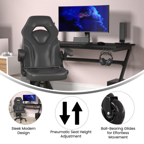 Black |#| Office Gaming Chair with Skater Wheels & Flip Up Arms - Black LeatherSoft