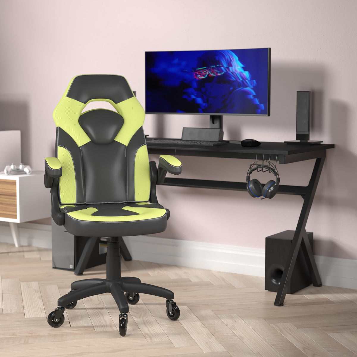 Neon Green |#| Office Gaming Chair with Skater Wheels & Flip Up Arms - Green LeatherSoft