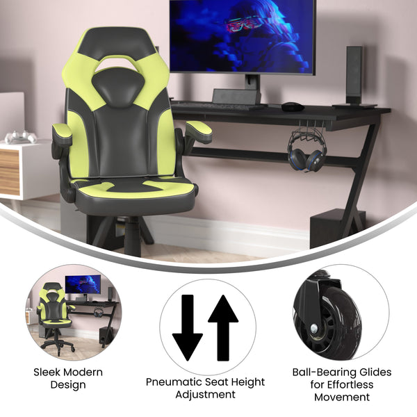 Neon Green |#| Office Gaming Chair with Skater Wheels & Flip Up Arms - Green LeatherSoft