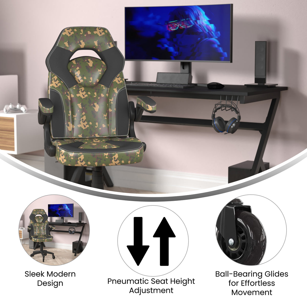 Camouflage |#| Office Gaming Chair with Skater Wheels & Flip Up Arms - Camouflage LeatherSoft