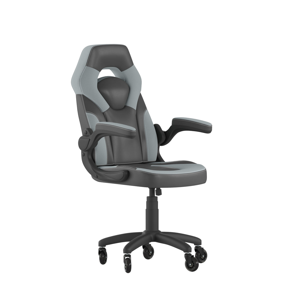 Gray |#| Office Gaming Chair with Skater Wheels & Flip Up Arms - Gray LeatherSoft