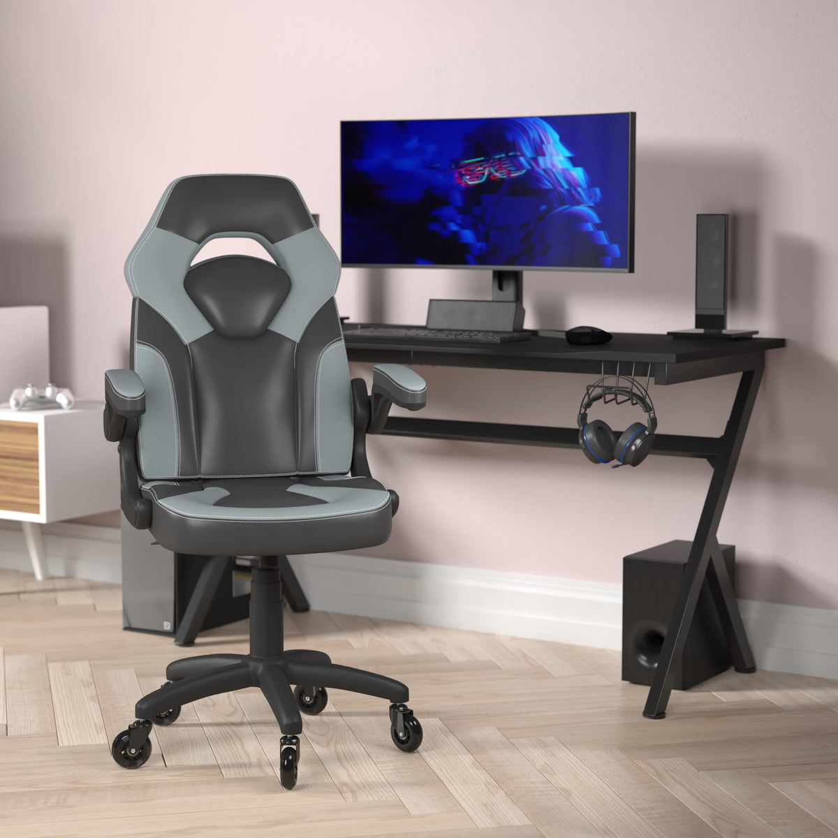 Gray |#| Office Gaming Chair with Skater Wheels & Flip Up Arms - Gray LeatherSoft