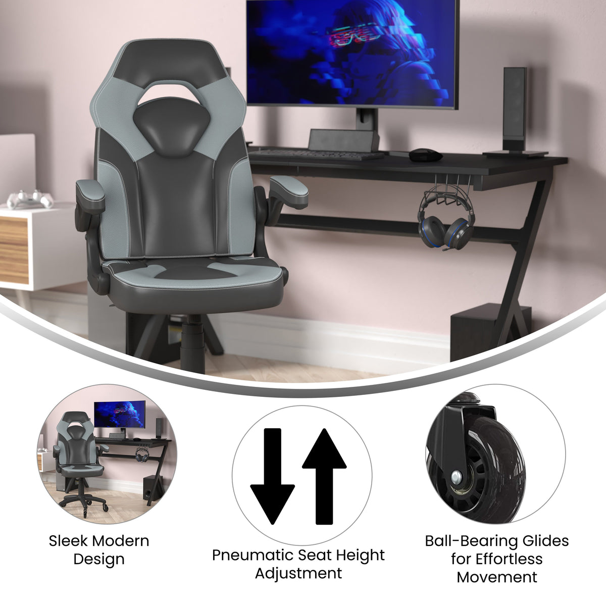 Gray |#| Office Gaming Chair with Skater Wheels & Flip Up Arms - Gray LeatherSoft