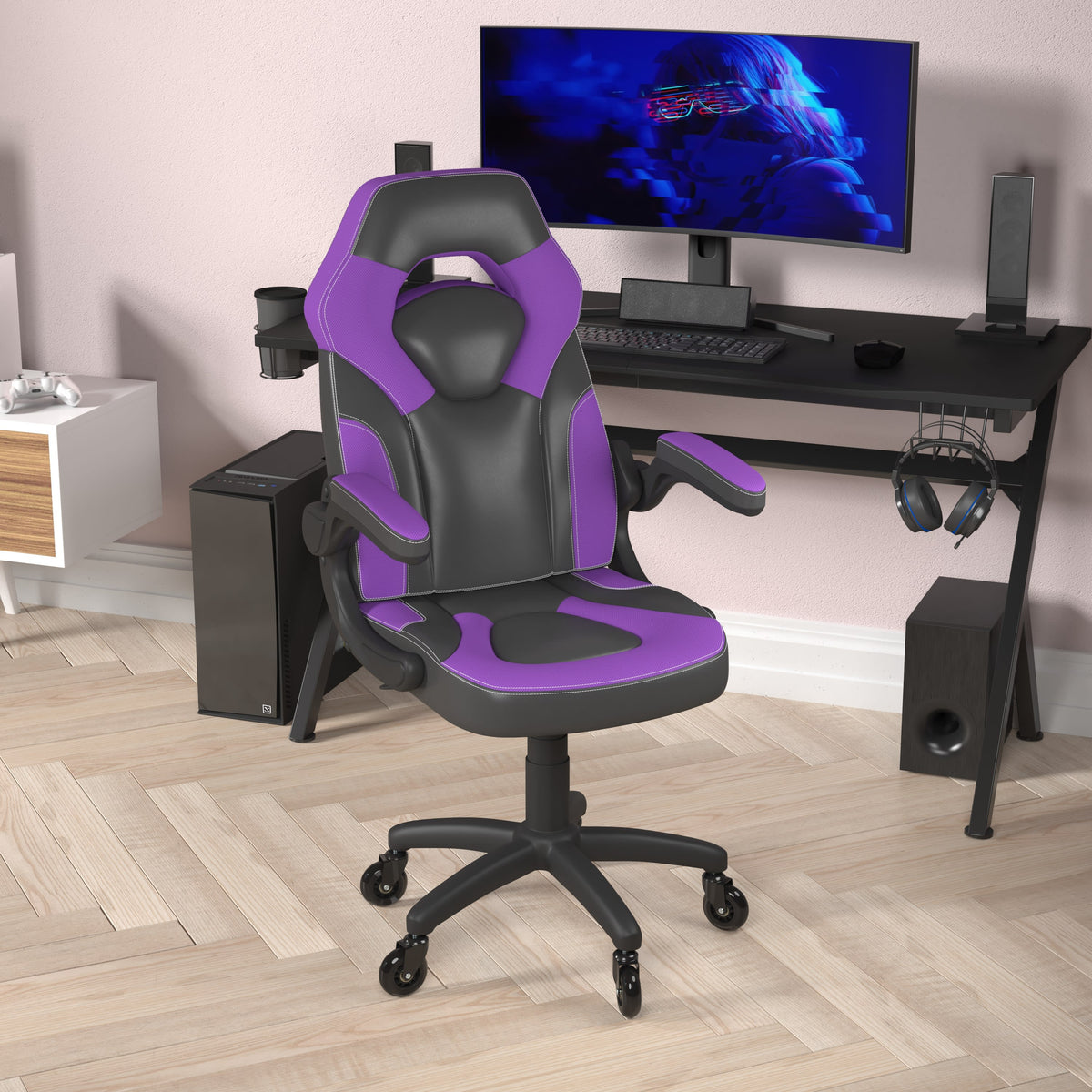 Purple |#| Office Gaming Chair with Skater Wheels & Flip Up Arms - Purple LeatherSoft