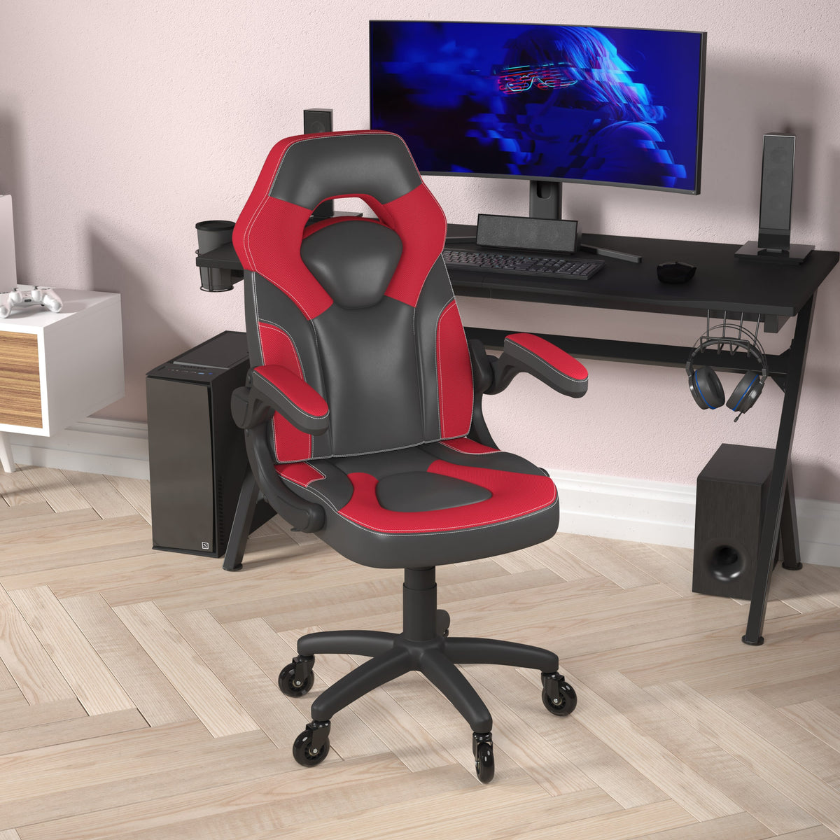 Red |#| Office Gaming Chair with Skater Wheels & Flip Up Arms - Red LeatherSoft