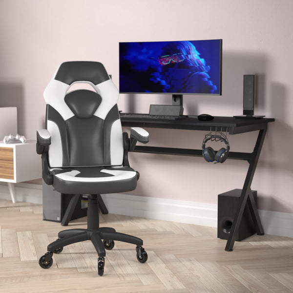 White |#| Office Gaming Chair with Skater Wheels & Flip Up Arms - White LeatherSoft