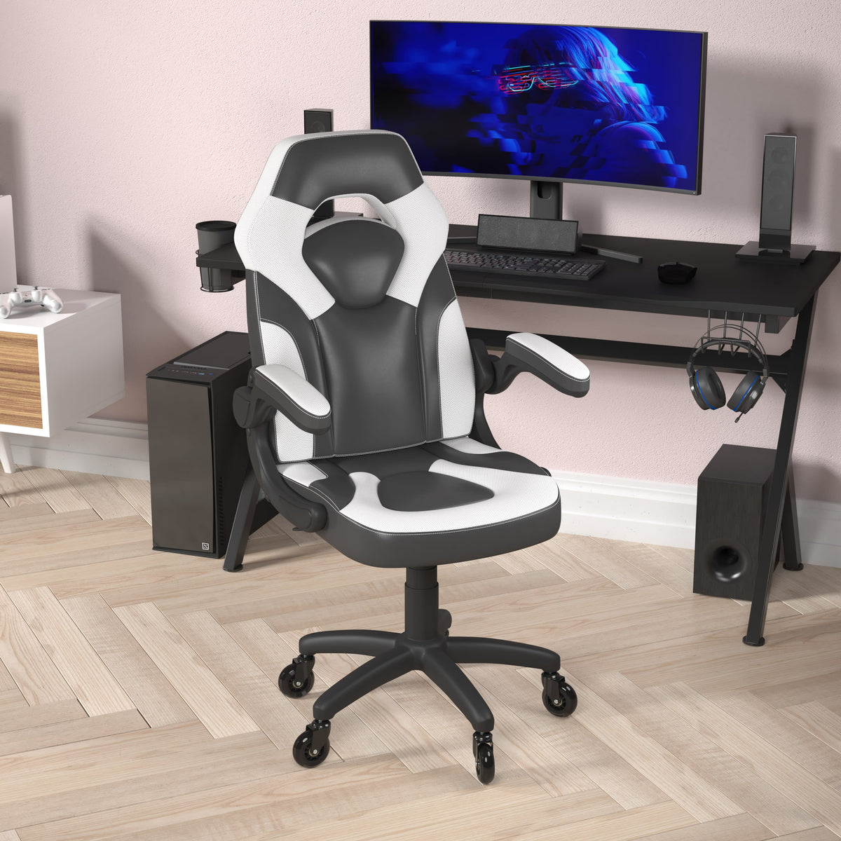 White |#| Office Gaming Chair with Skater Wheels & Flip Up Arms - White LeatherSoft