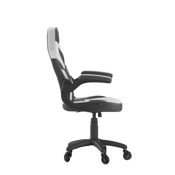 White |#| Office Gaming Chair with Skater Wheels & Flip Up Arms - White LeatherSoft