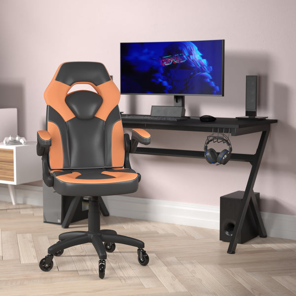 Orange |#| Office Gaming Chair with Skater Wheels & Flip Up Arms - Orange LeatherSoft