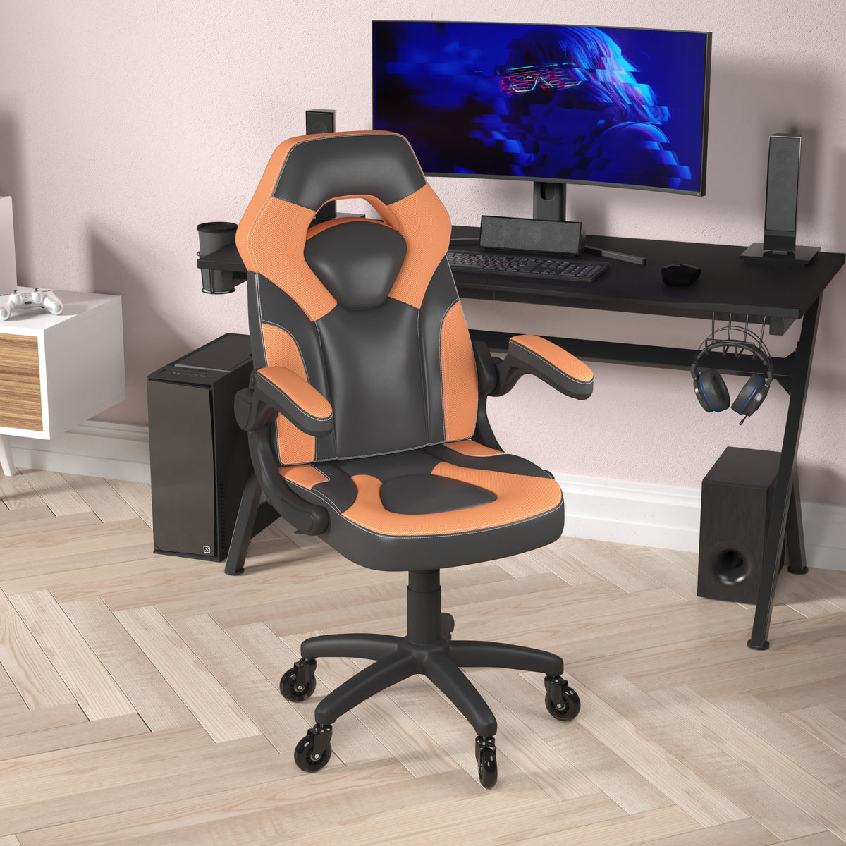 Orange |#| Office Gaming Chair with Skater Wheels & Flip Up Arms - Orange LeatherSoft