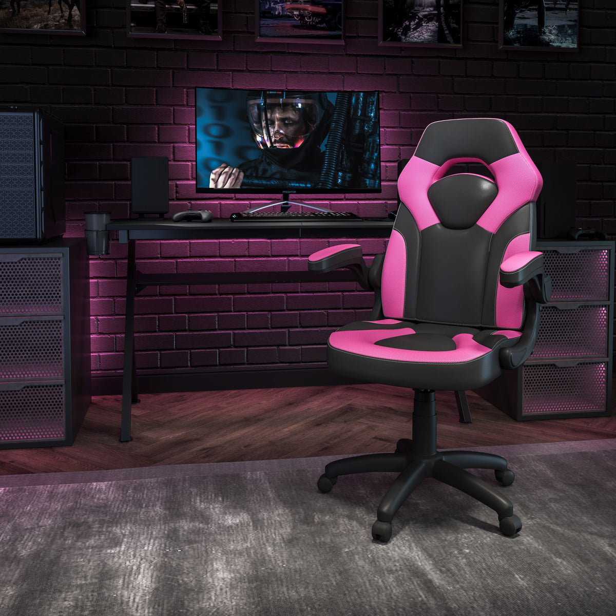 Pink |#| High Back Pink/Black Racing Style Ergonomic Gaming Chair with Flip-Up Arms