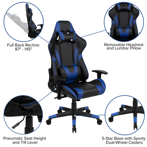 Blue |#| Racing Gaming Ergonomic Chair with Fully Reclining Back in Blue LeatherSoft