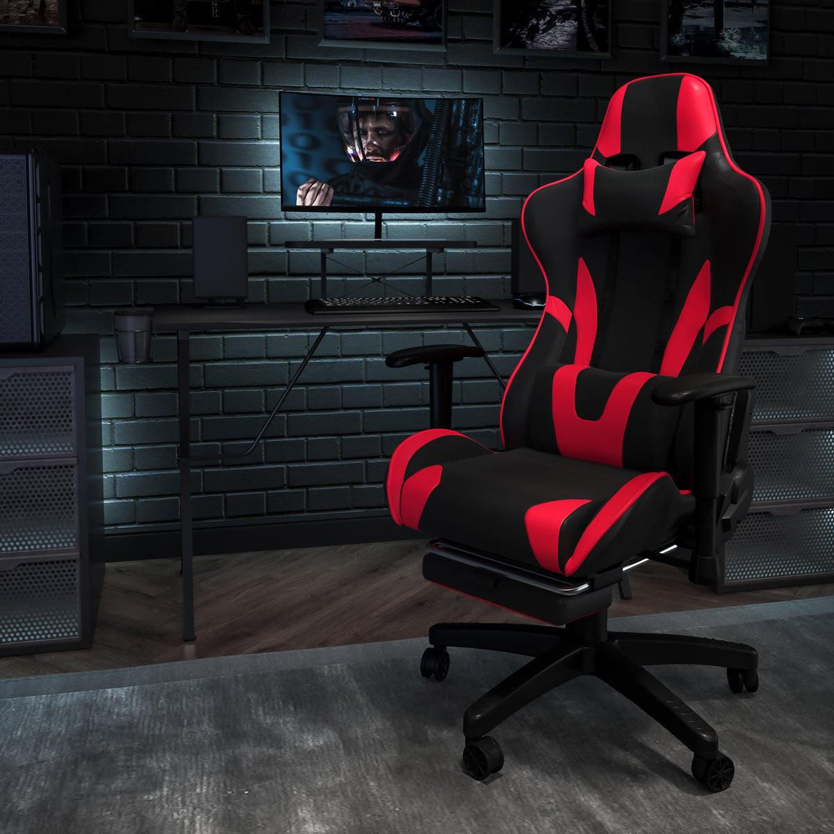 Red |#| Racing Gaming Ergonomic Chair with Reclining Back, Footrest in Red LeatherSoft