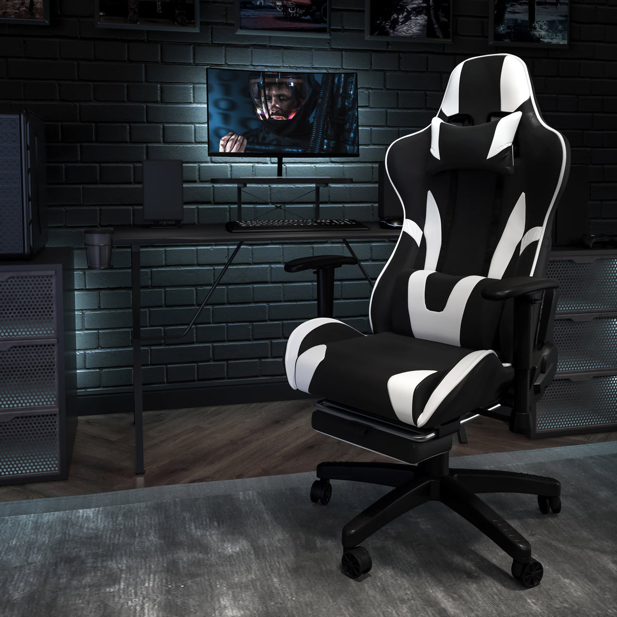 Black |#| Racing Gaming Ergonomic Chair with Reclining Back, Footrest in Black LeatherSoft