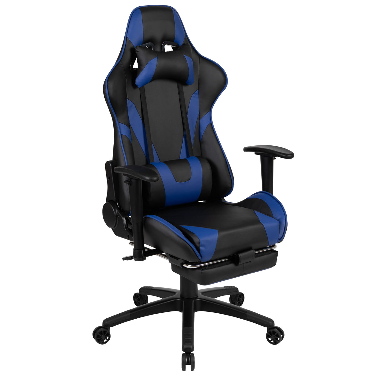 Blue |#| Racing Gaming Ergonomic Chair with Reclining Back, Footrest in Blue LeatherSoft