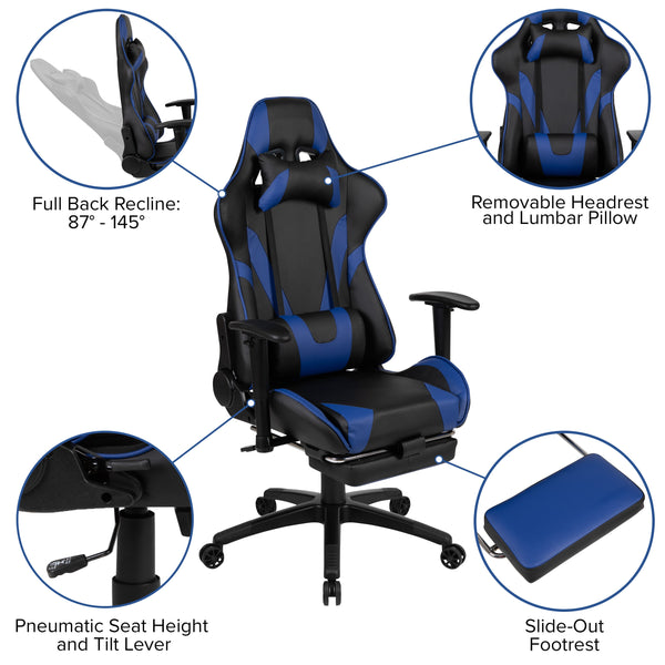 Blue |#| Racing Gaming Ergonomic Chair with Reclining Back, Footrest in Blue LeatherSoft