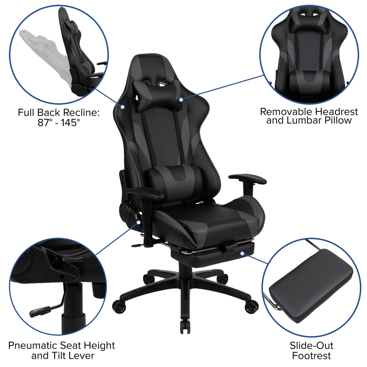 Gray |#| Racing Gaming Ergonomic Chair with Reclining Back, Footrest in Gray LeatherSoft