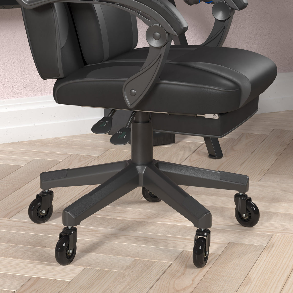 Black with Gray Trim |#| Office Gaming Chair with Skater Wheels & Reclining Arms - Black LeatherSoft