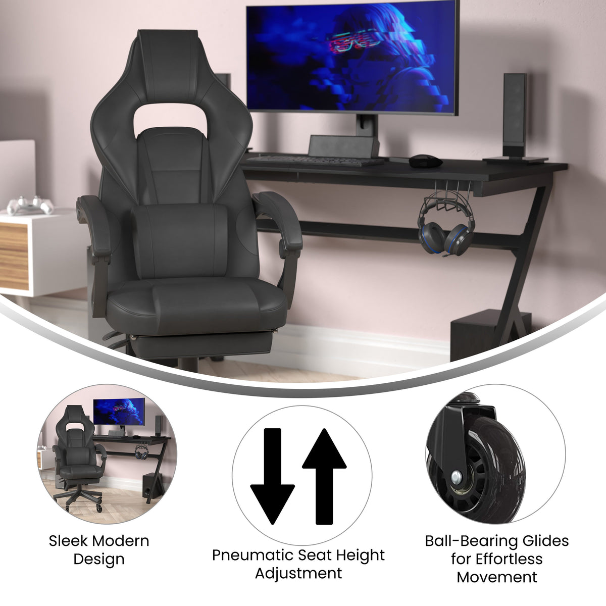 Black |#| Office Gaming Chair with Skater Wheels & Reclining Arms - Black LeatherSoft