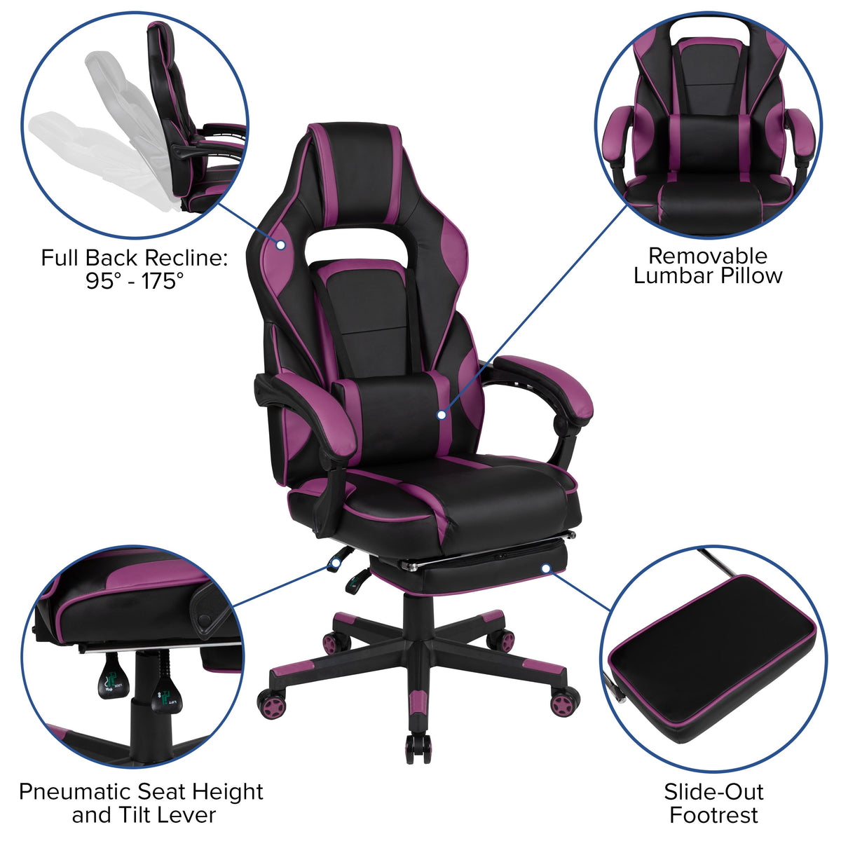 Black with Purple Trim |#| Black/Purple Ergonomic Gaming Chair-Recline Back/Arms-Footrest-Massaging Lumbar