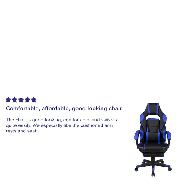 Black with Blue Trim |#| Black/Blue Ergonomic Gaming Chair -Recline Back/Arms, Footrest, Massaging Lumbar