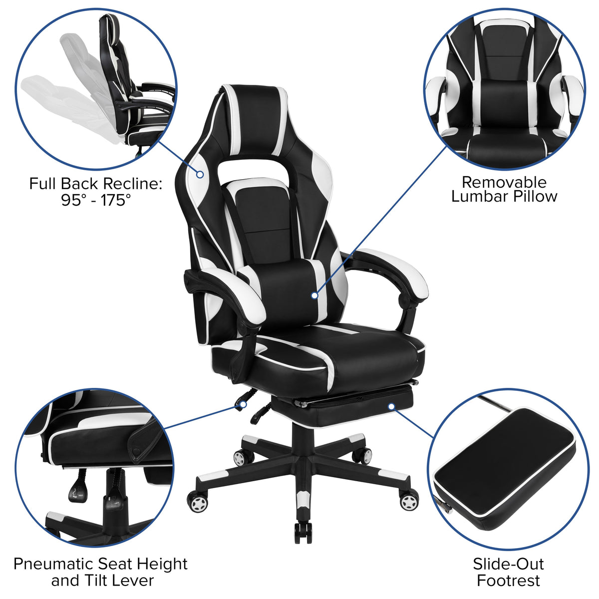 Black with White Trim |#| White Ergonomic Gaming Chair - Reclining Back/Arms, Footrest, Massaging Lumbar