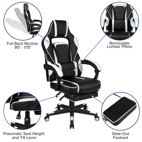 Black with White Trim |#| White Ergonomic Gaming Chair - Reclining Back/Arms, Footrest, Massaging Lumbar