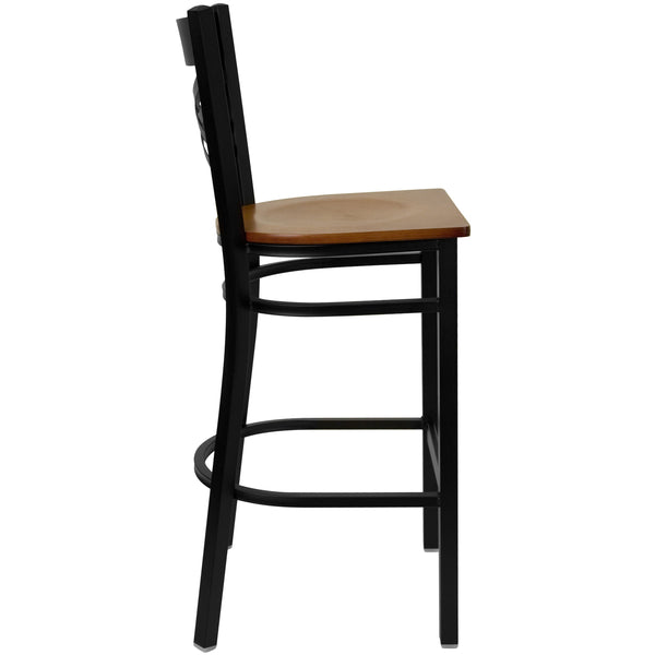 Cherry Wood Seat/Black Metal Frame |#| Black inchXinch Back Metal Restaurant Barstool - Cherry Wood Seat