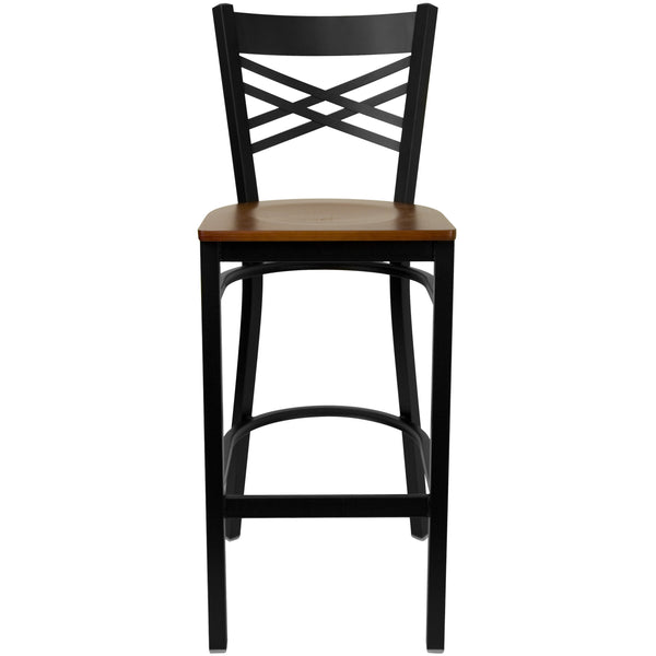 Cherry Wood Seat/Black Metal Frame |#| Black inchXinch Back Metal Restaurant Barstool - Cherry Wood Seat