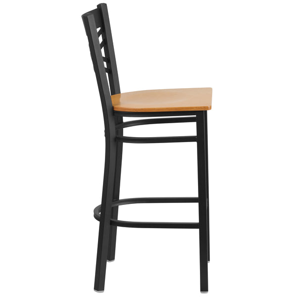 Natural Wood Seat/Black Metal Frame |#| Black inchXinch Back Metal Restaurant Barstool - Natural Wood Seat