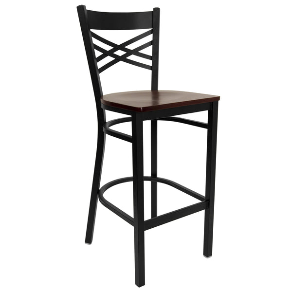 Mahogany Wood Seat/Black Metal Frame |#| Black inchXinch Back Metal Restaurant Barstool - Mahogany Wood Seat