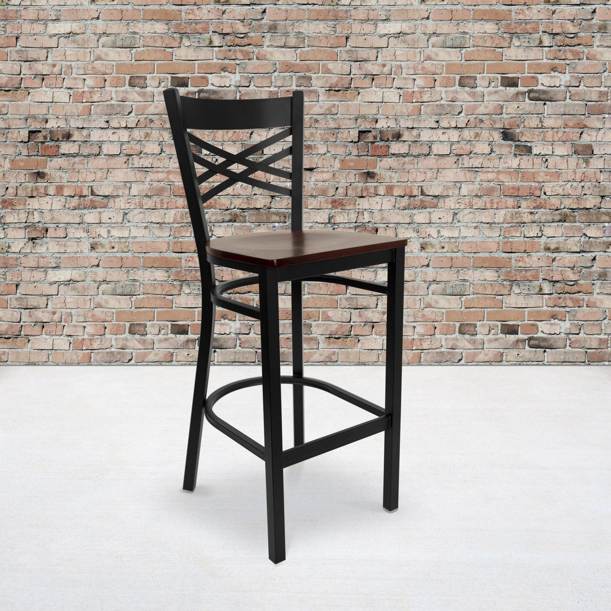 Mahogany Wood Seat/Black Metal Frame |#| Black inchXinch Back Metal Restaurant Barstool - Mahogany Wood Seat