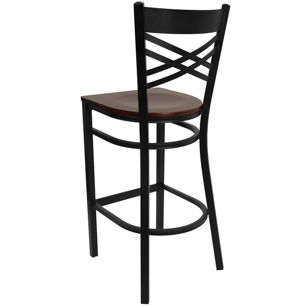 Mahogany Wood Seat/Black Metal Frame |#| Black inchXinch Back Metal Restaurant Barstool - Mahogany Wood Seat