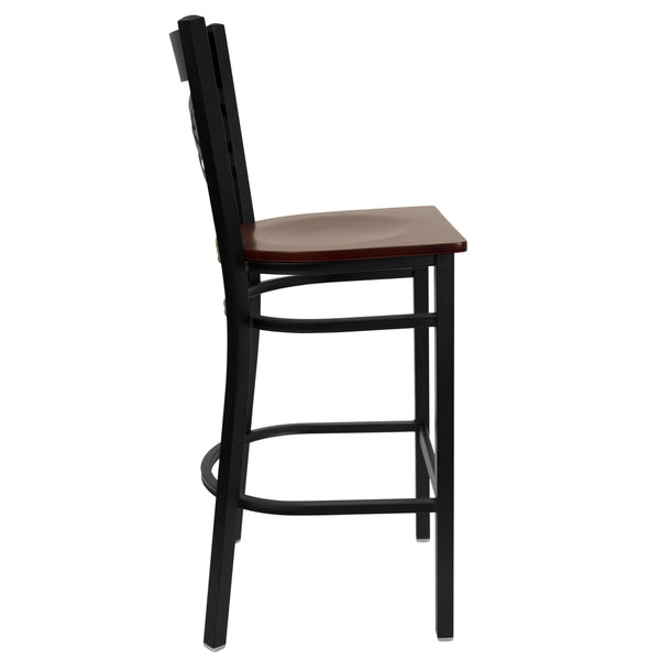 Mahogany Wood Seat/Black Metal Frame |#| Black inchXinch Back Metal Restaurant Barstool - Mahogany Wood Seat